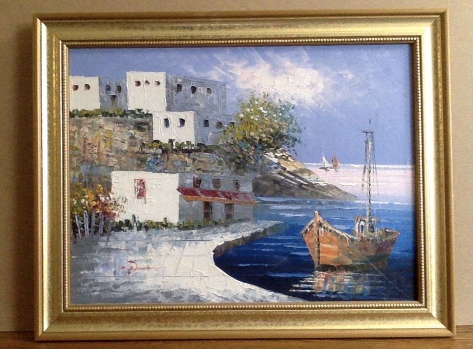 Greek Island 70’s Palette Knife Oil Original Painting Signed & Framed
