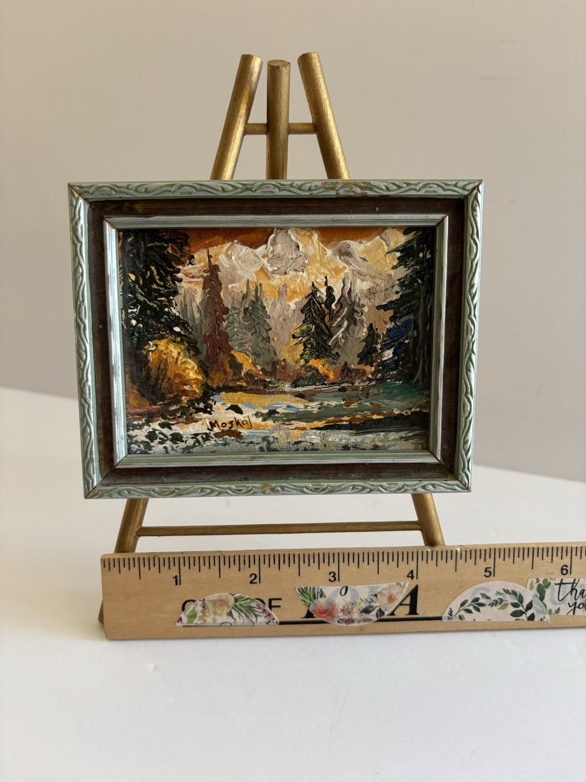 Vtg Mini Original Autumn Mountain Stream Landscape Painting Framed On Easel 3×4”