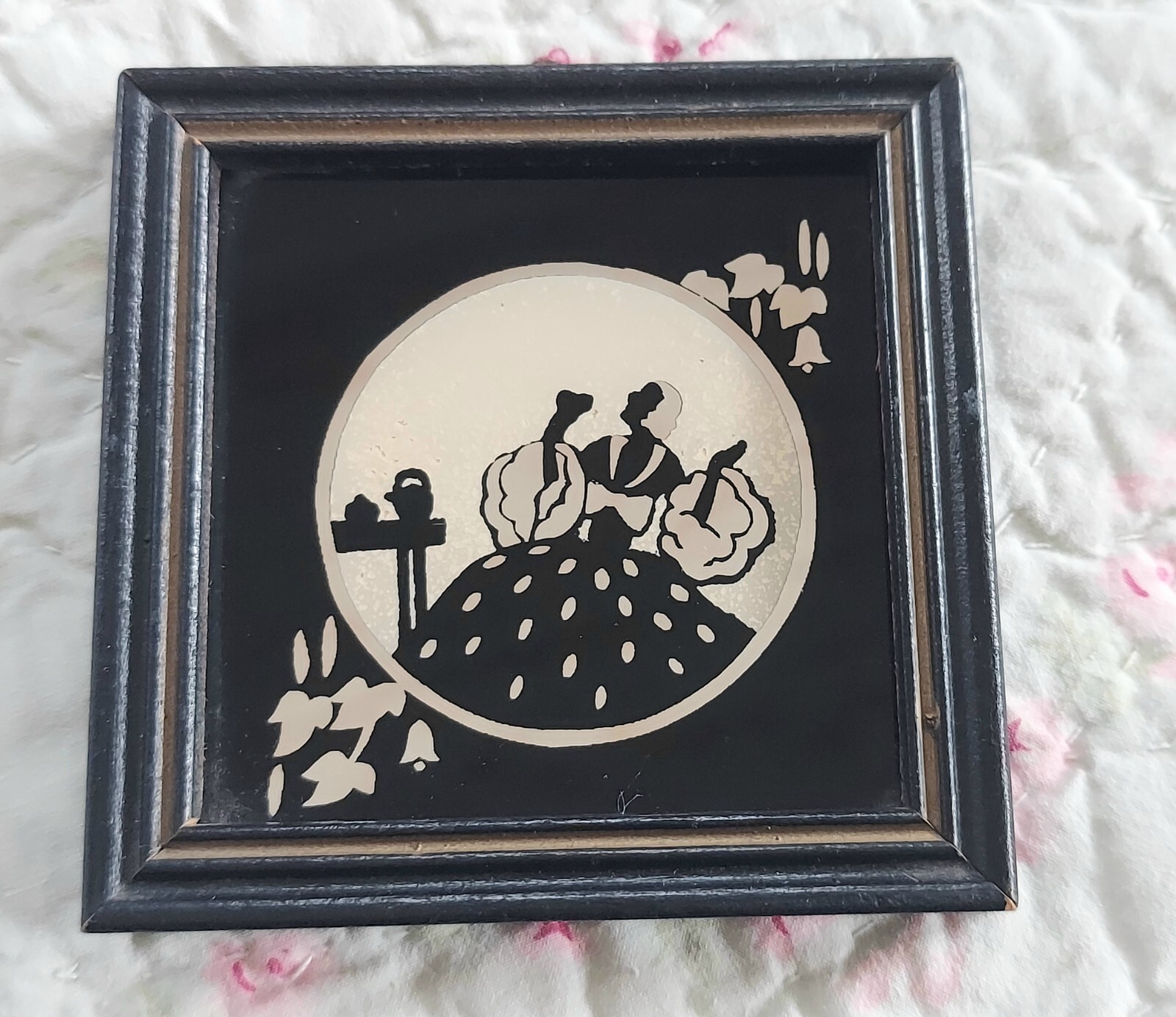 Vintage Silouette Diva Woman Glass Mirror Shadow Victorian Framed Art 3.75 Inch