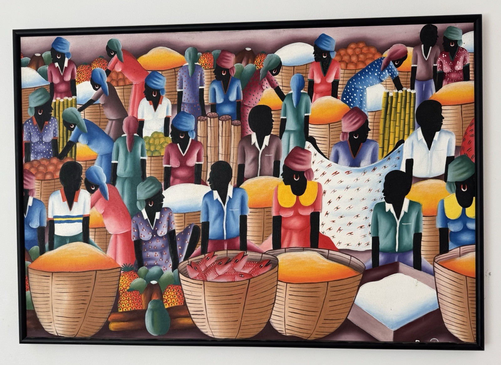 Original Haitian Art Market Scene Painting by Ide P. Antoine – Framed, Vibrant