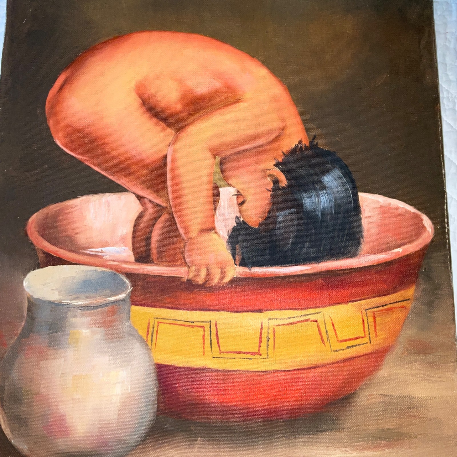 Young child portrait original oil painting Vintage 80s baby in the bath