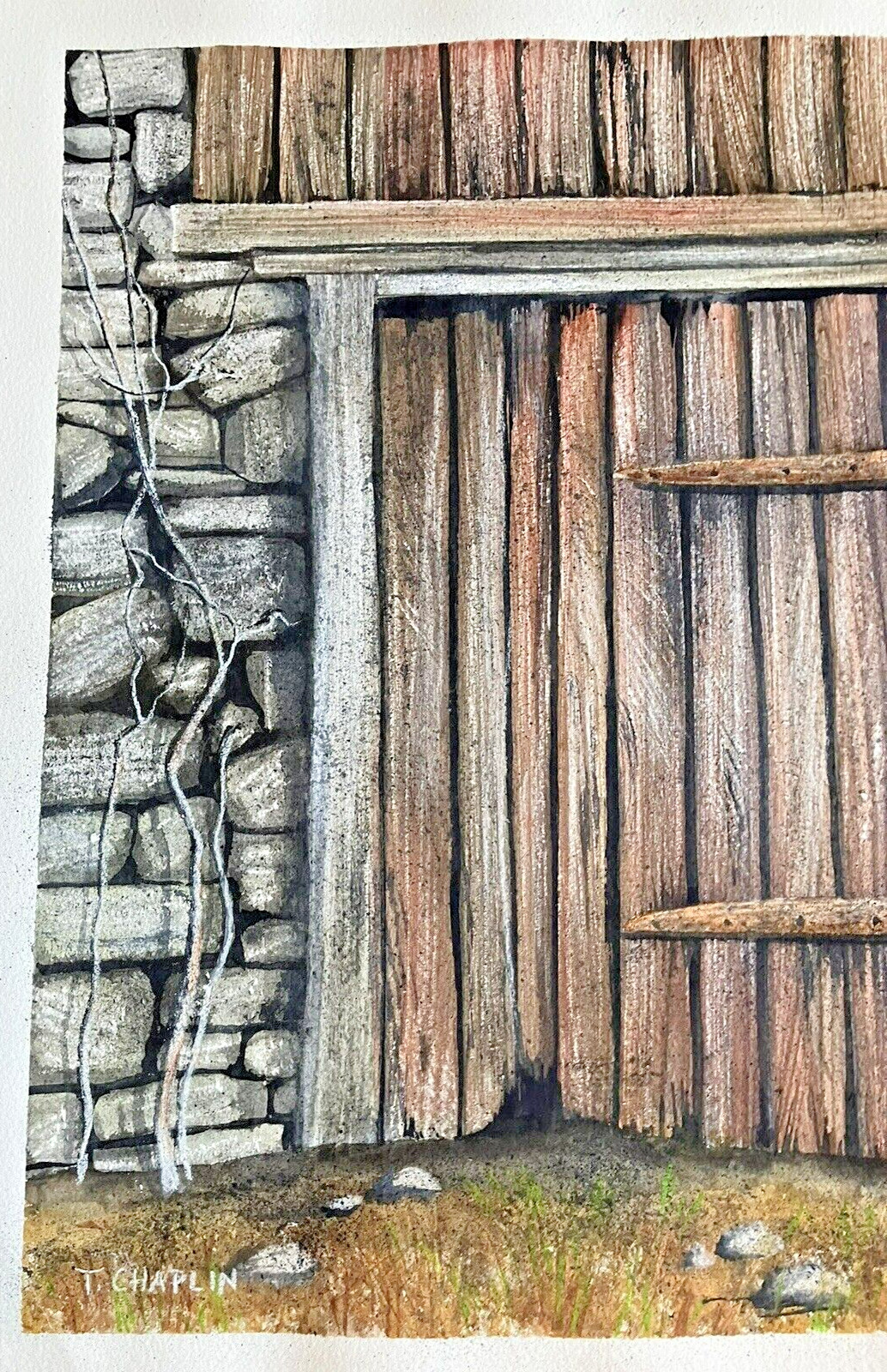 Primitive Toni Chaplin Watercolor Wood Barn Farm Door Stone Building Rustic 13×9