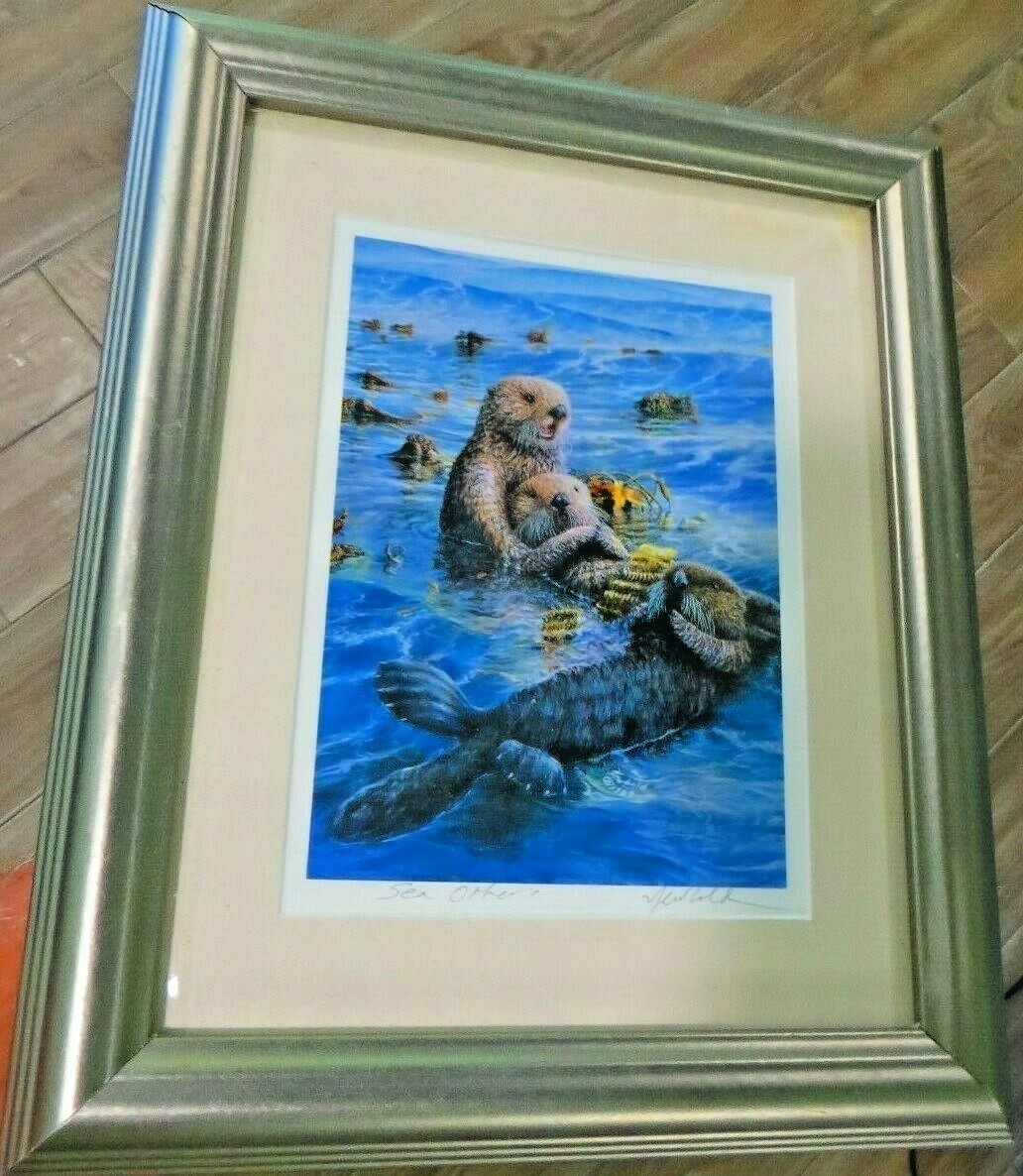 1989 ARTIST SIGNED NEWBOLD PICTURE Sea Otters framed under glass 1 mat 12 x 10