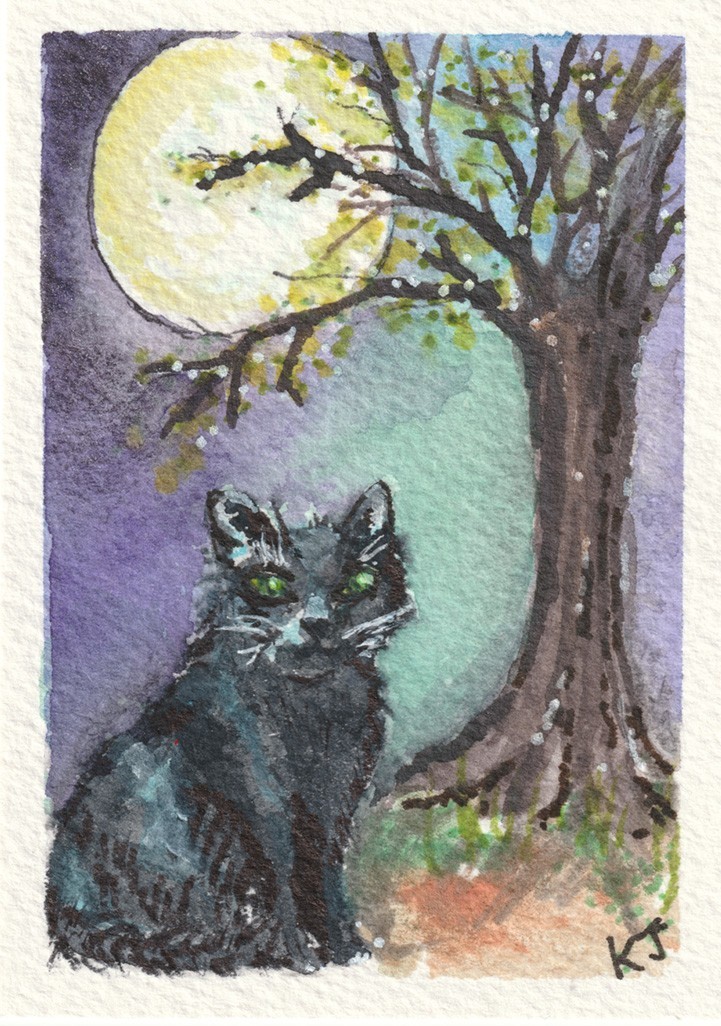 ACEO Original Black Cat Spooky Witchy Kitty Watercolor Painting by K Jackson