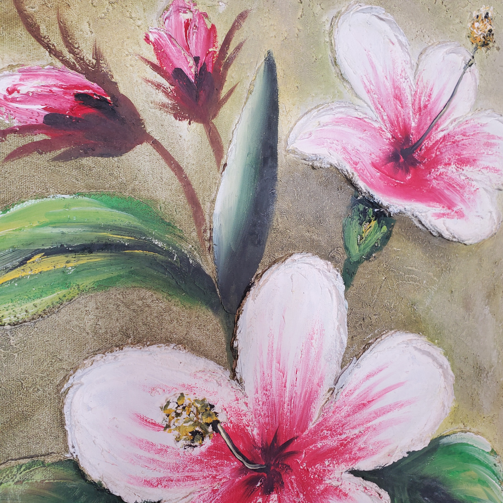 Tropical Flower Thick Spatula Impasto 24×20 Vtg Canvas Painting Masonite Board