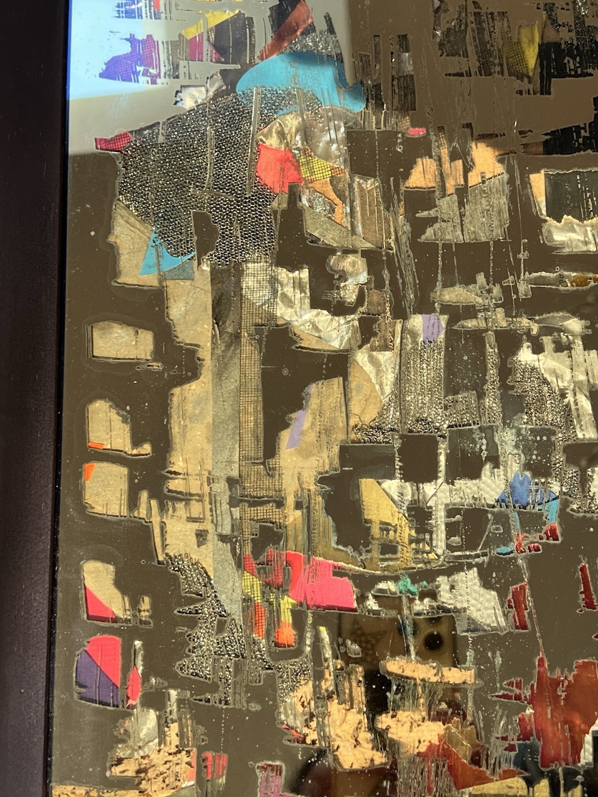 MCM Brutalist Reverse Glass Mirror Art Signed Mixed Media Wall Sculpture 25″