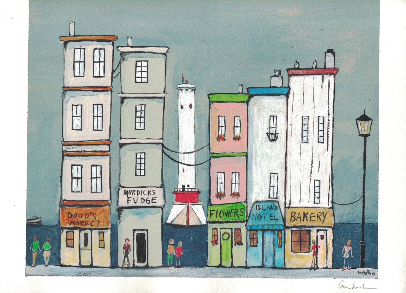 Original Whimsical Main Street 8x10L Hand Painted on Water color paper 9x12L in