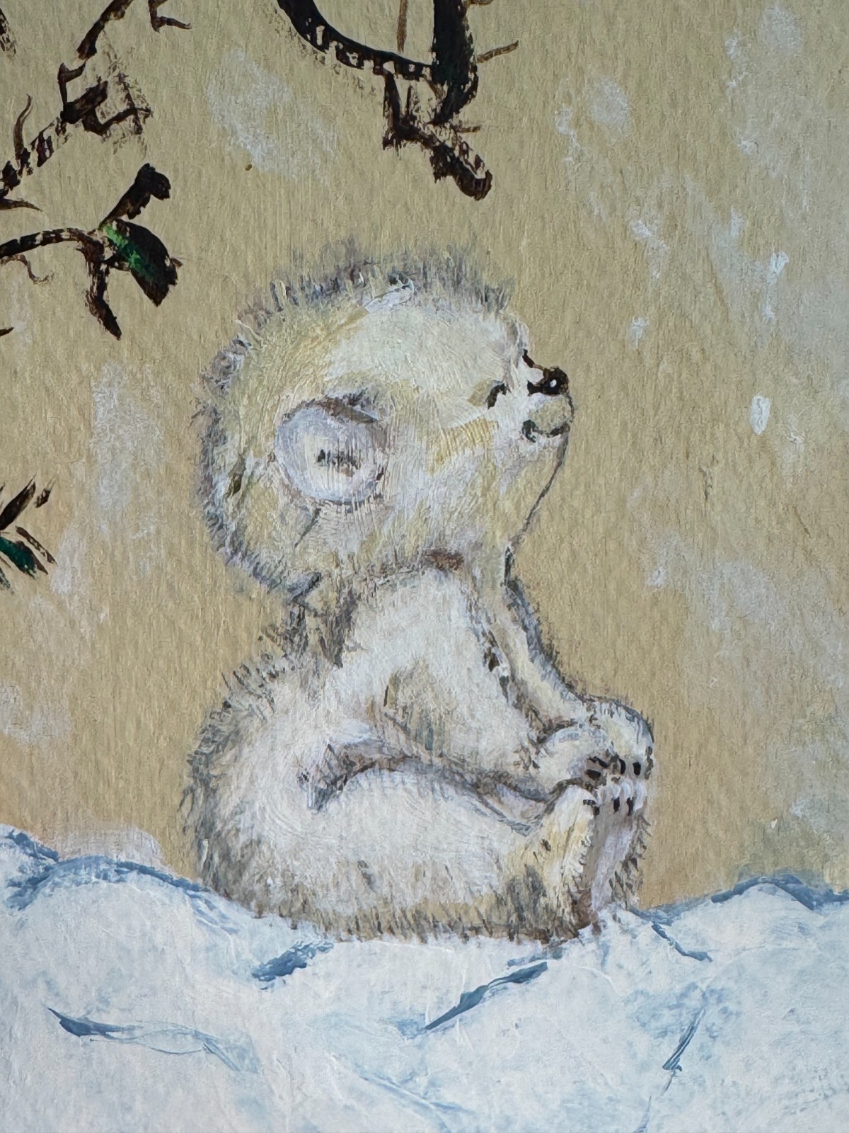 D. ROSSI OIL PAINTING HAPPY SMILING BABY POLAR BEAR CUB WINTER SPRING SNOW TREE