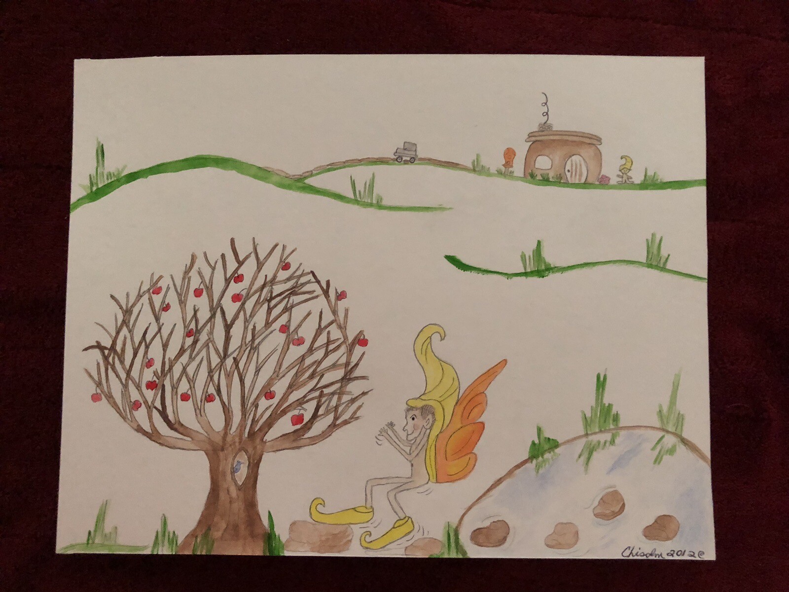 Elf Watercolor Print-Strollin’ to the Apple Tree – 8 1/2″ x 11″ Print