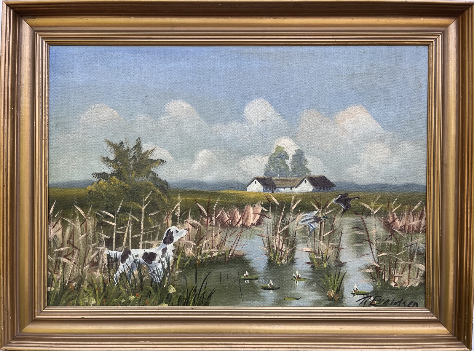 Impresssionist Wide Summer Landscape With Lake Home Jagdhund Ducks Oil Painting