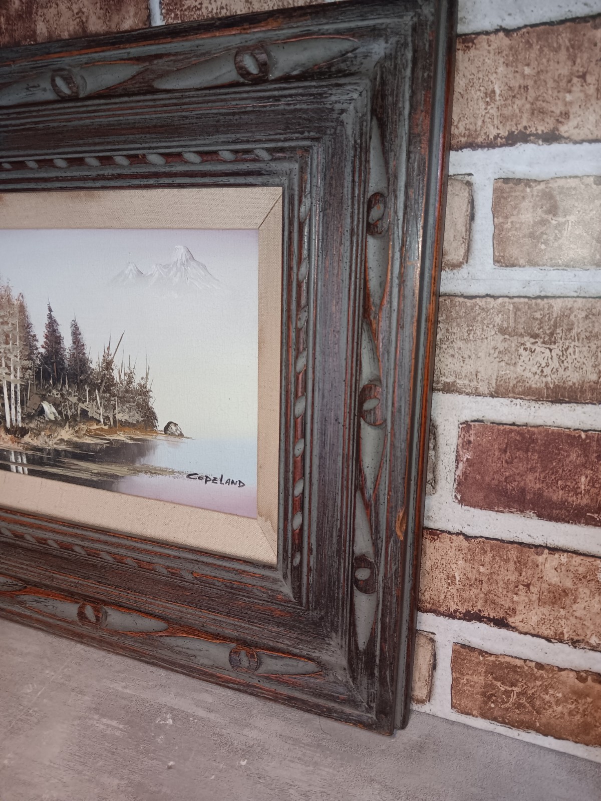 Vintage Hand-Painted Mountain Lake Landscape Oil Painting on Canvas Wood Frame