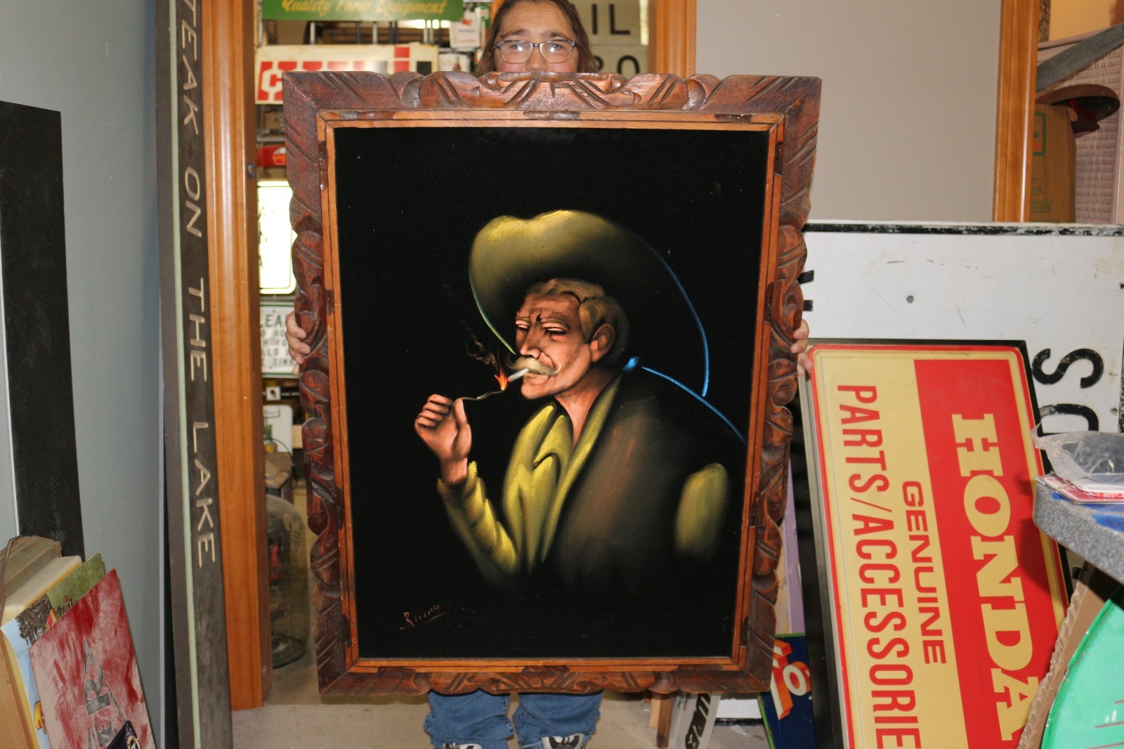 Vintage 30×40 Mexican Cowboy Smoking Cigarette Velvet Painting Carved Wood Frame