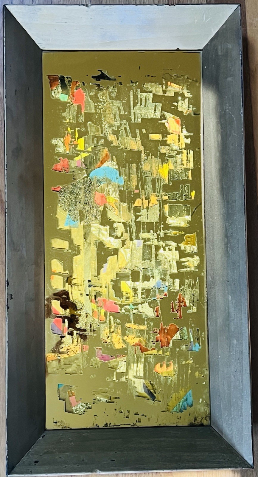 MCM Brutalist Reverse Glass Mirror Art Signed Mixed Media Wall Sculpture 25″