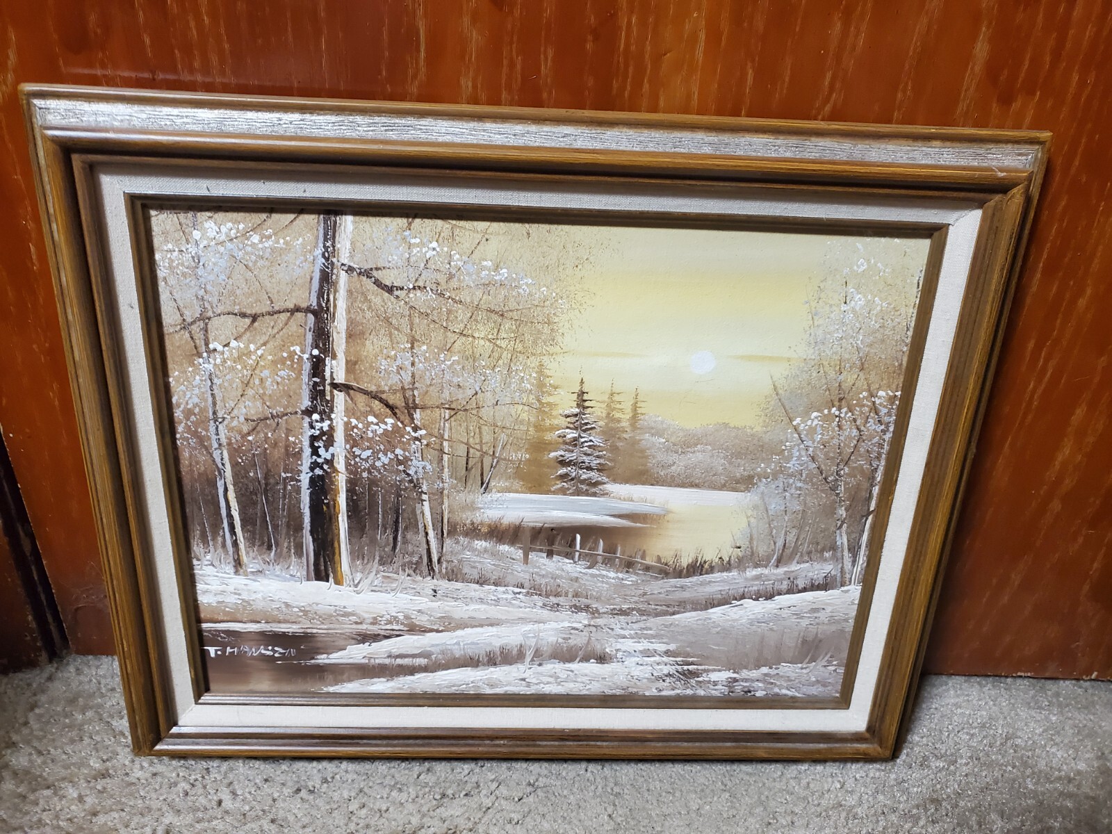Winter Landscape Scene Hansen Wood Frame 19×15.5″ Tree Lake Snow Pine Forest Sun