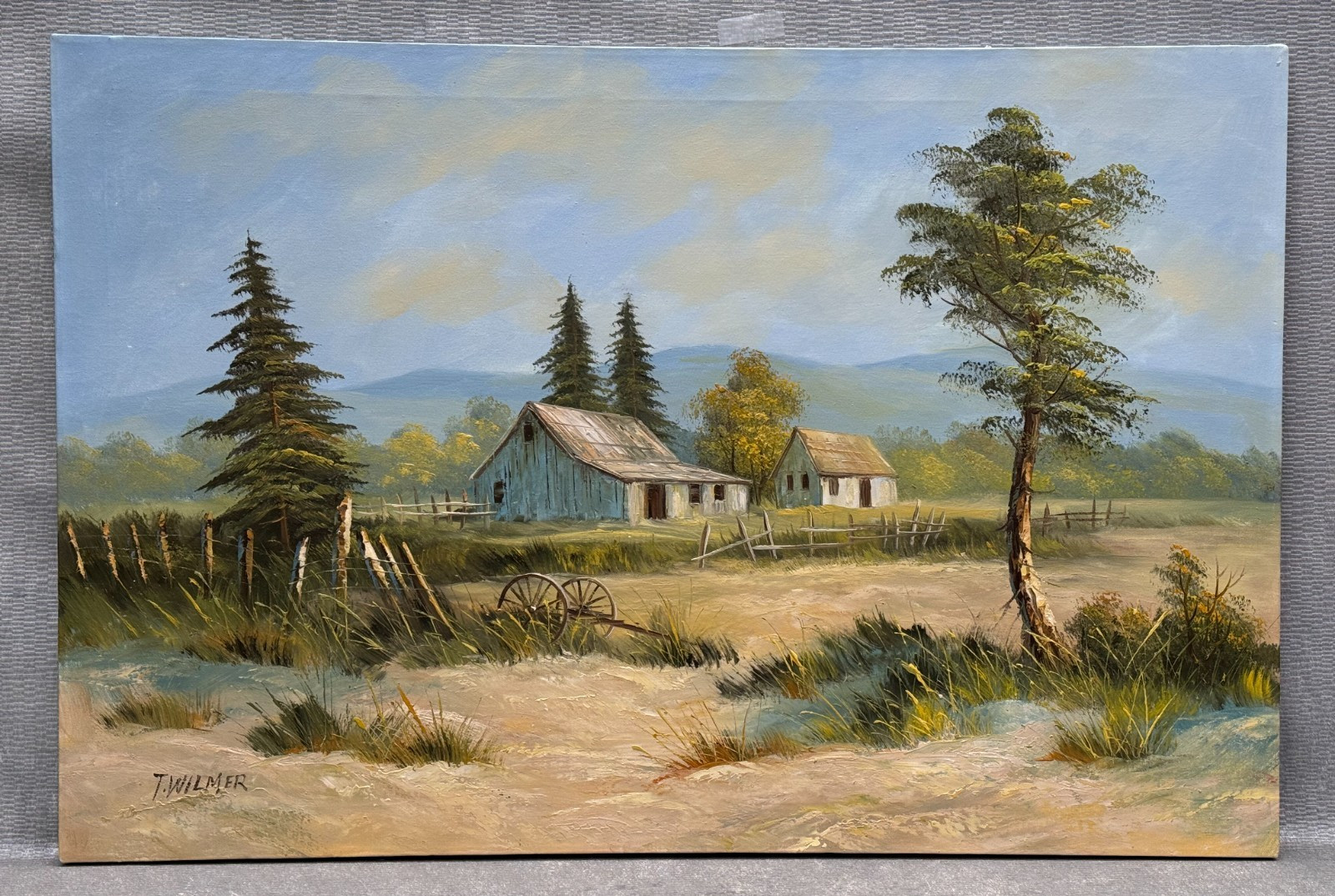 T WILMER SIGNED LANDSCAPE OIL PAINTING OLD FARM HOUSE ABANDONED COUNTRY BARN