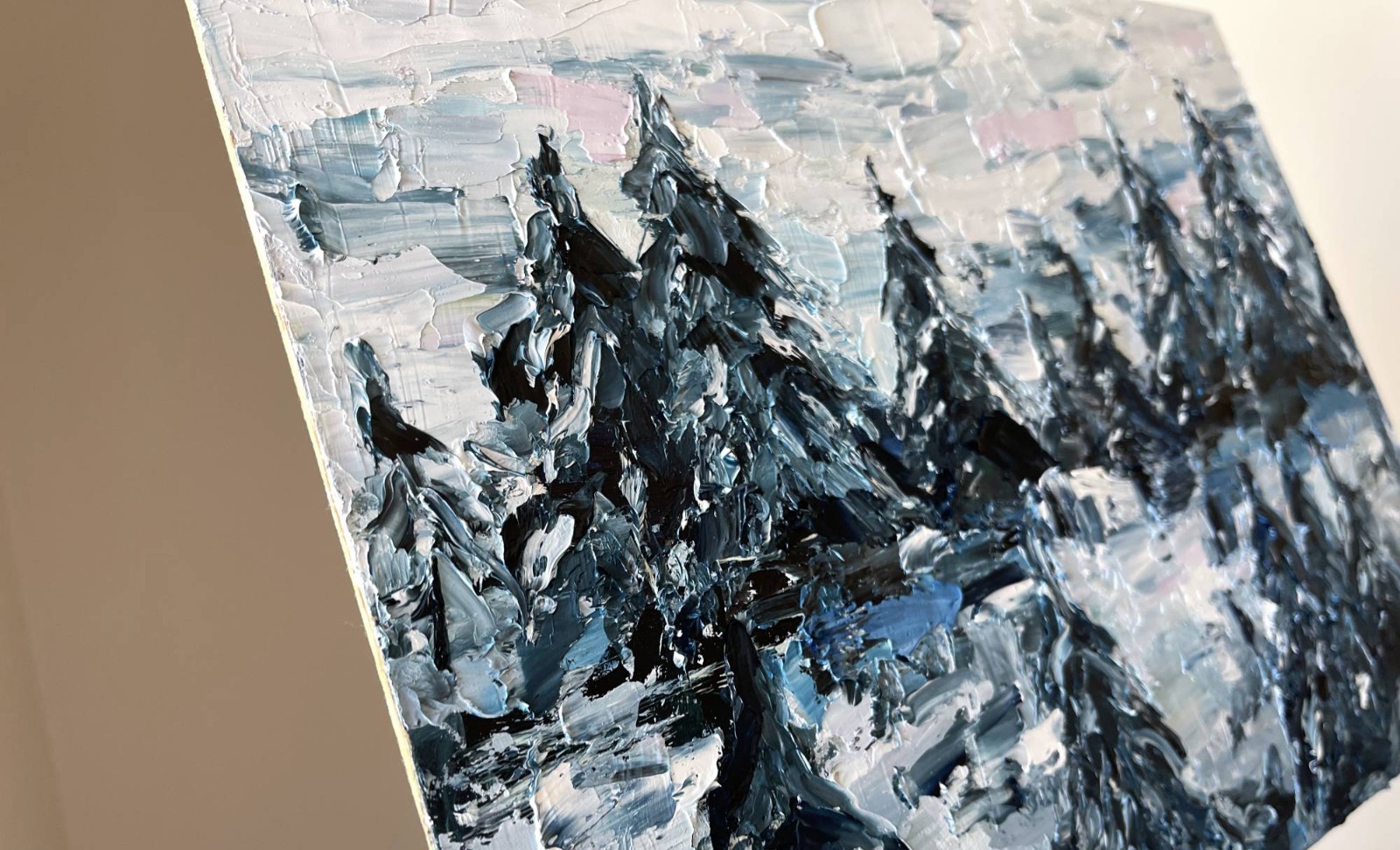 Foggy Mountain Abstract Original Impasto Oil Painting Pine Trees 10×14″ signed