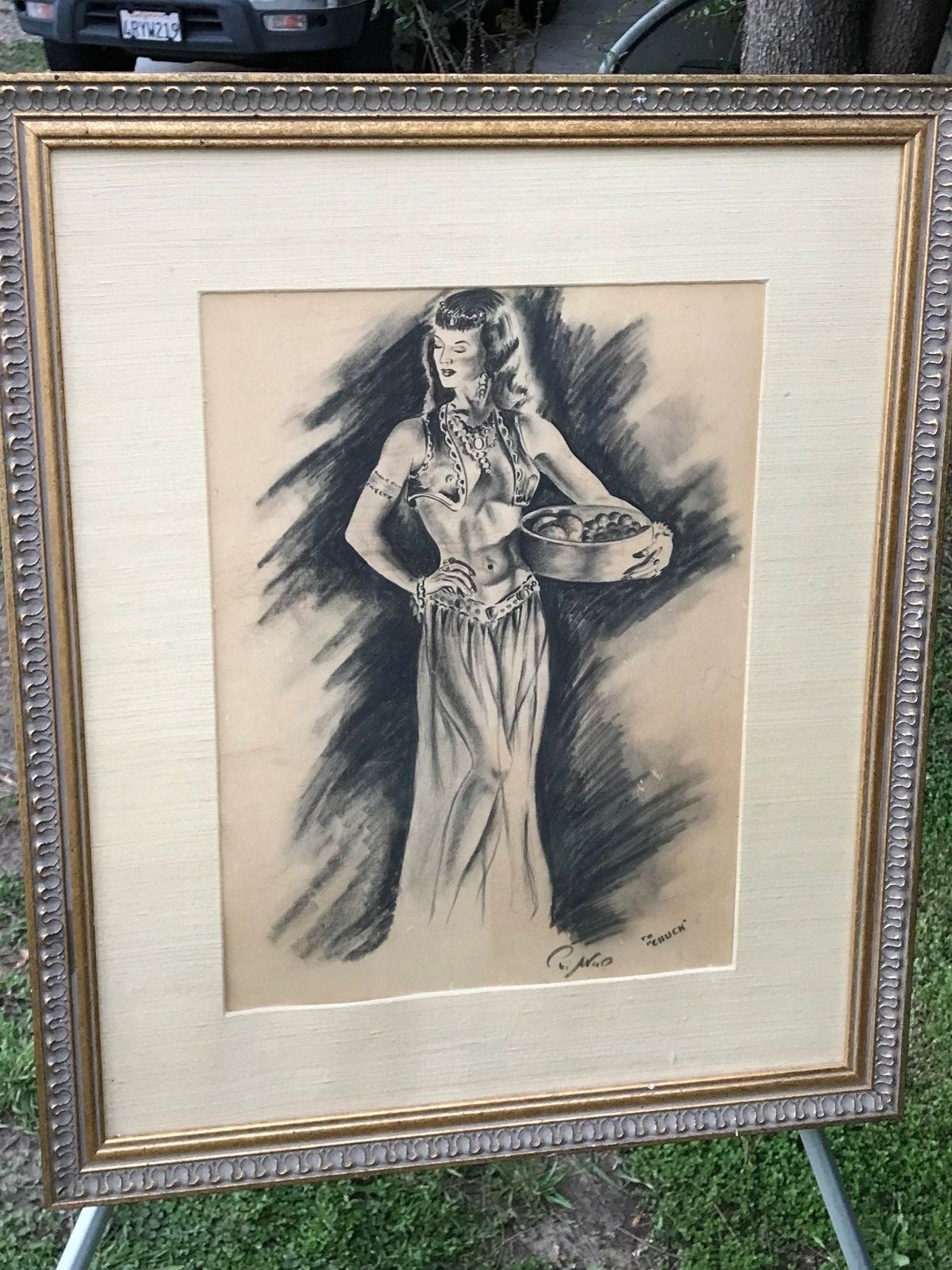 PAUL WOOD Original 1950s MODERN VINTAGE *Harem Girl* SIGNED CHARCOAL DRAWING