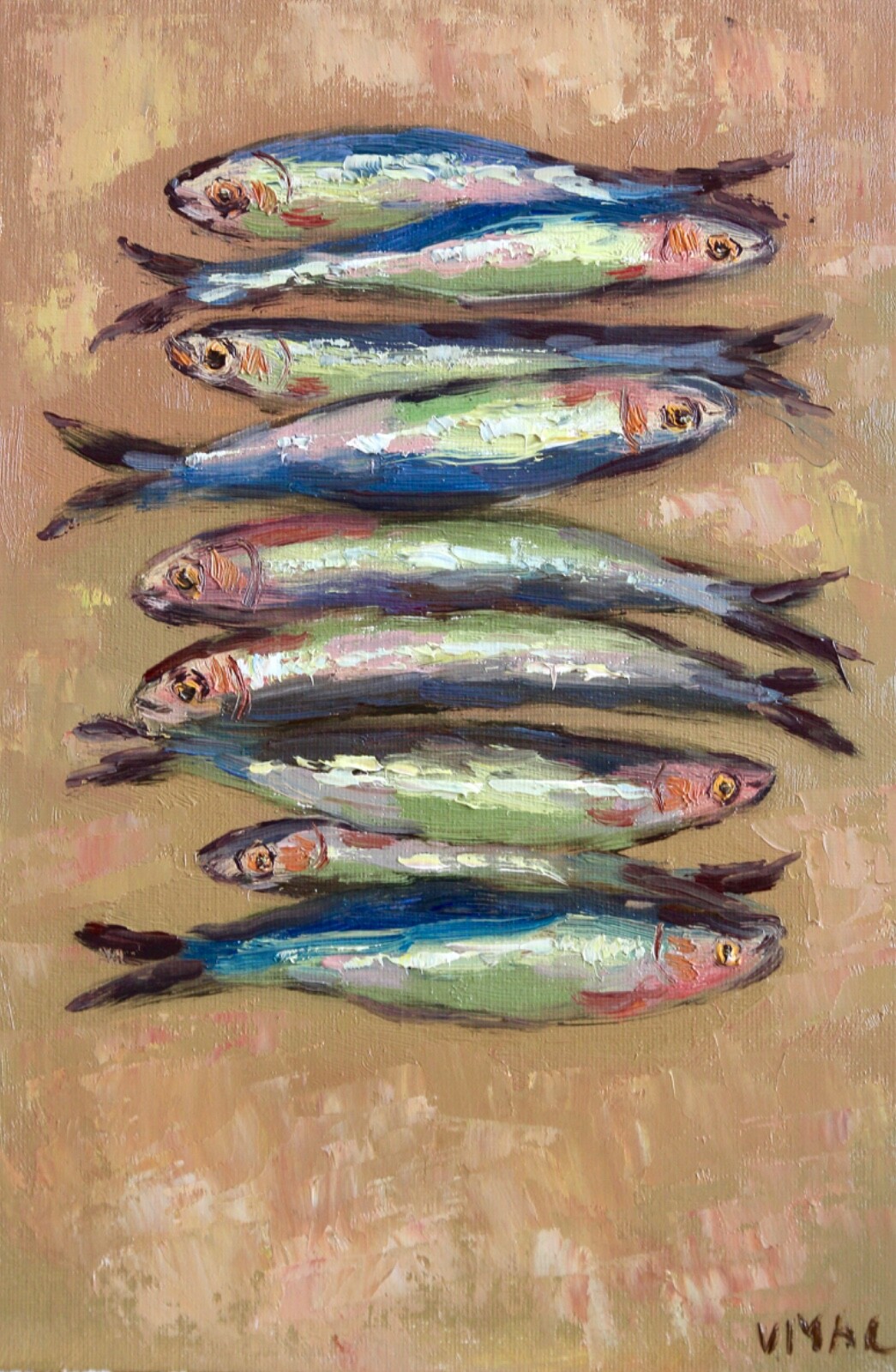 Still Life Fish Wall Art Sardine Oil Painting, Kitchen Rustic Decor 8×12 inch