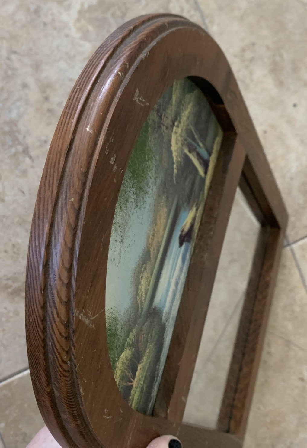 Vintage Walmart 70s Nature Oil Painting Above Mirror On Oak Frame,Taiwan, 13×9”