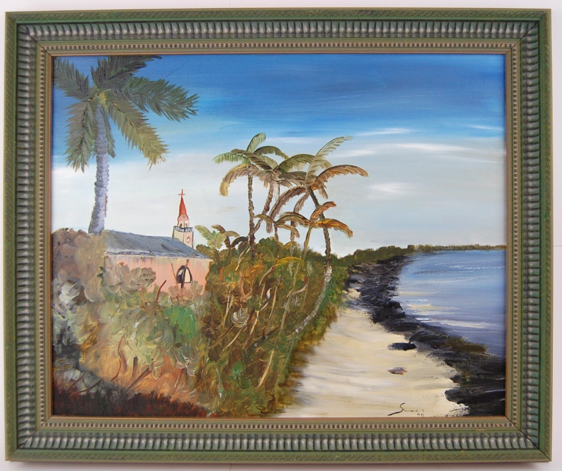 Original Signed Simond Naive Oil Painting Primitive Tropical Seashore View 20X16