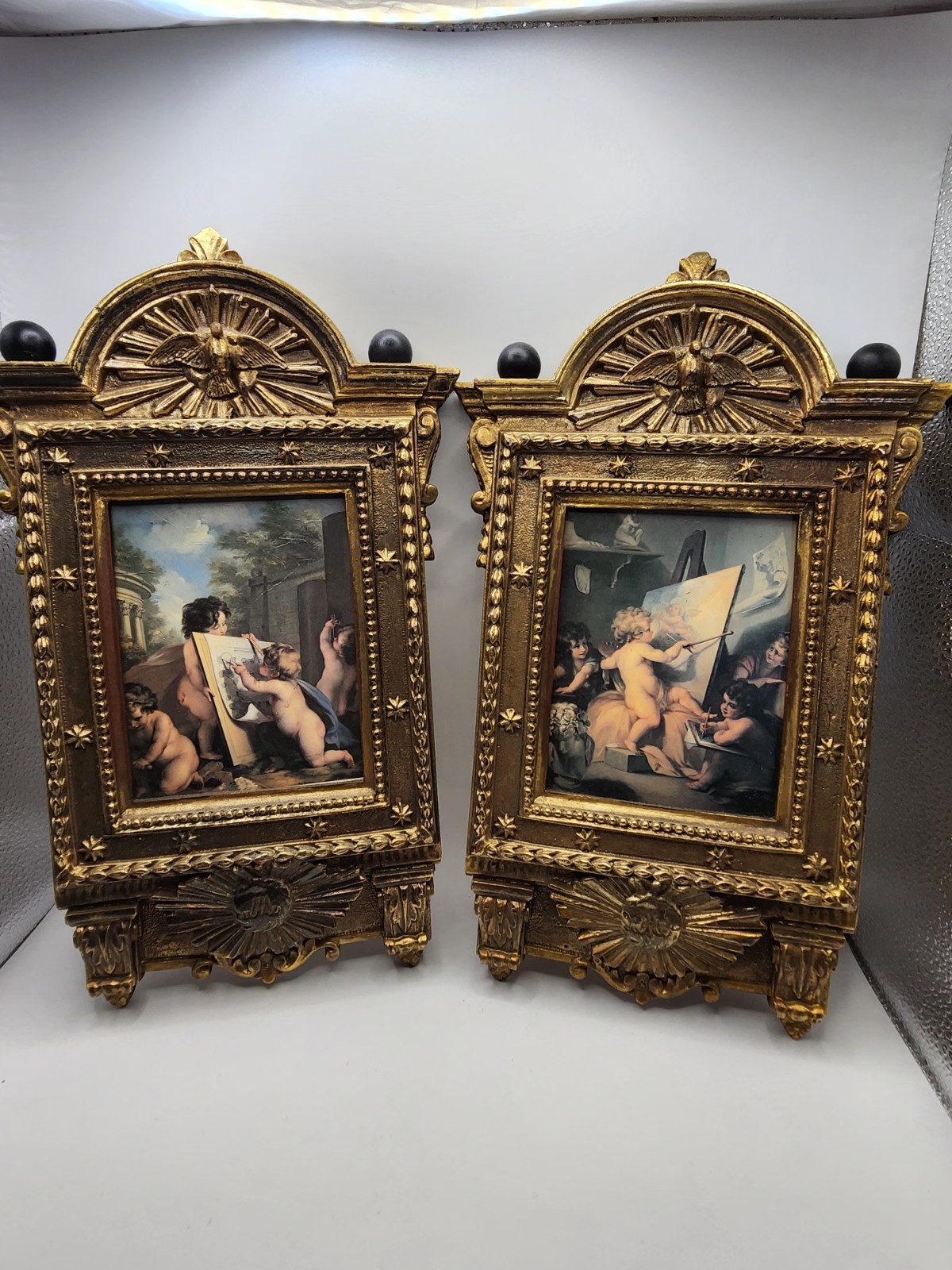 Vintg Angelica Kauffman Allegory Cherub Canvas Prints in Ornate Gilt Frames Pair
