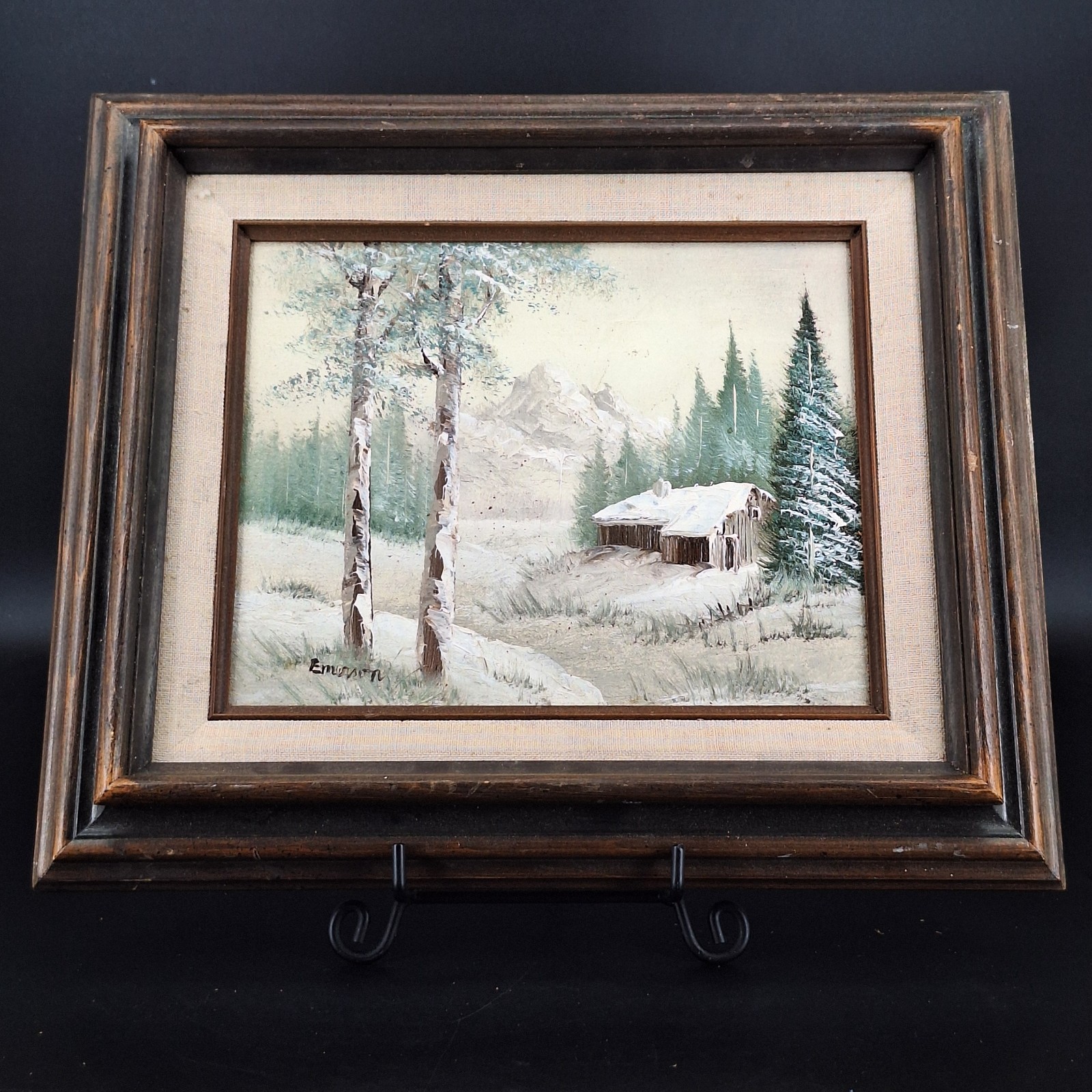 Medium Signed Painted on Canvas of Snow Covered Winter Barn or Cabin Framed