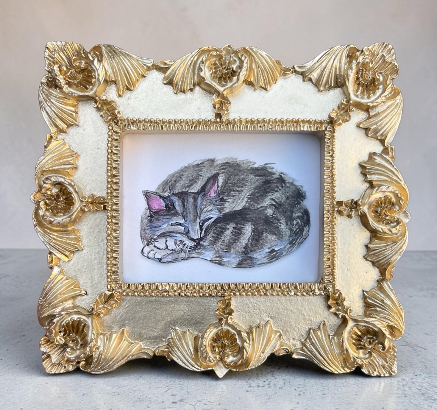 Grey Cat mini animal print of original painting • vintage ornate frame