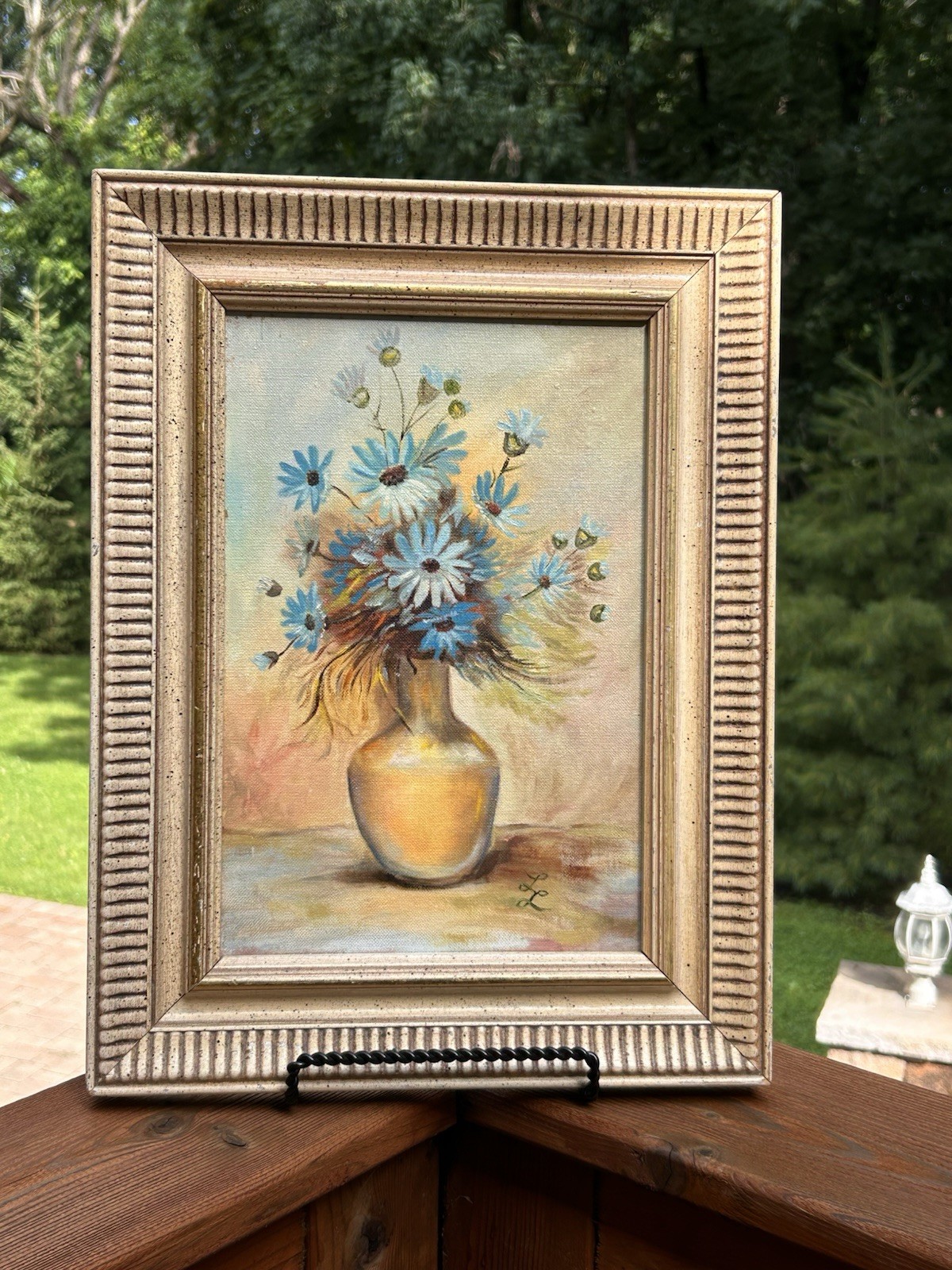 Canvas Oil Painting Blue Flowers In Vase Wood Frame Signed LL By Artist