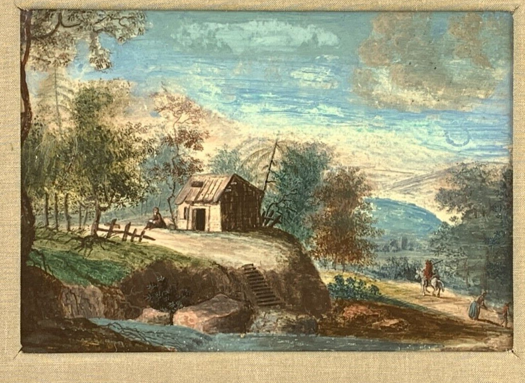 Unsigned Miniature Painting Gouache on Painting Board 18th century riders in the mountains