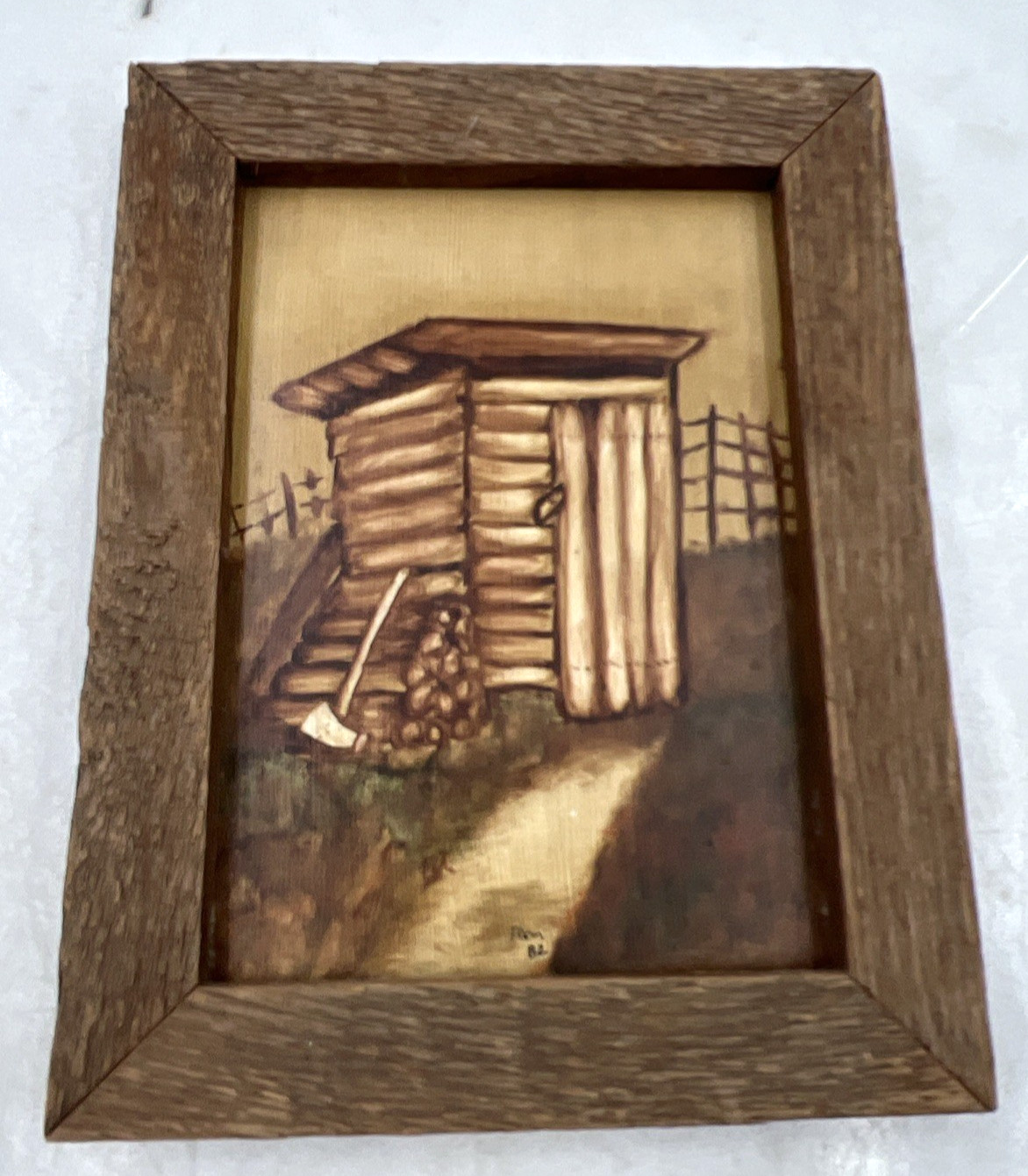 VTG Wood Framed Painting Rustic Primitive Outhouse 8.5 x 6.5″