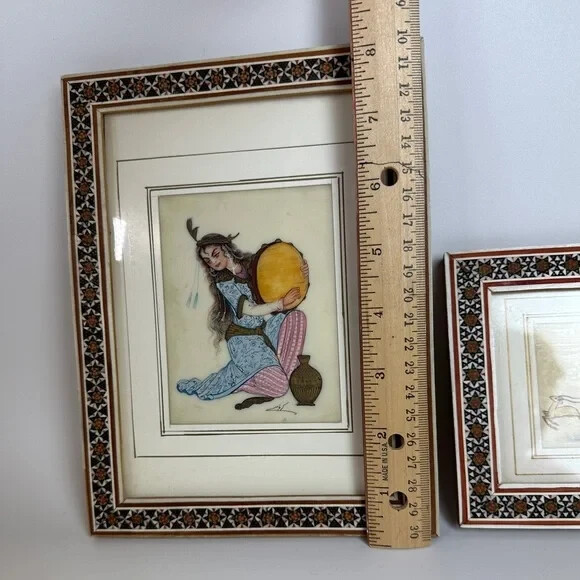 VTG Persian Camel Bone Art Mosaic Framed Art Set of 2 Beautiful