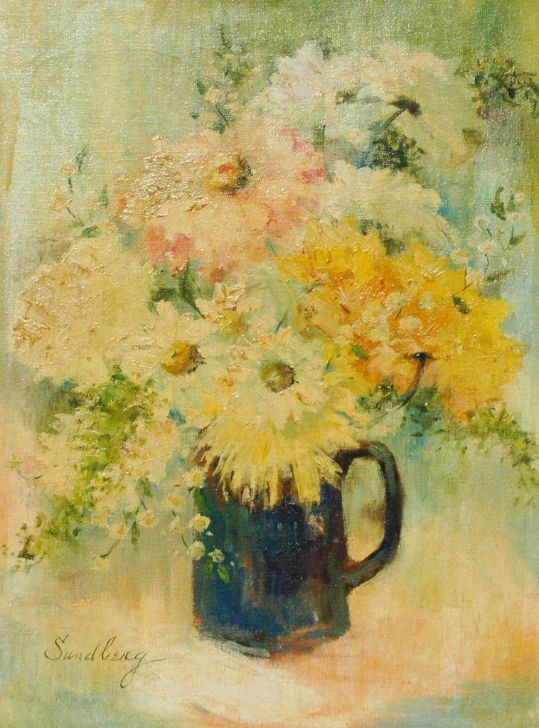 Vintage Oil on Board of A Vase of Daisies and Other Flowers Signed Sundberg