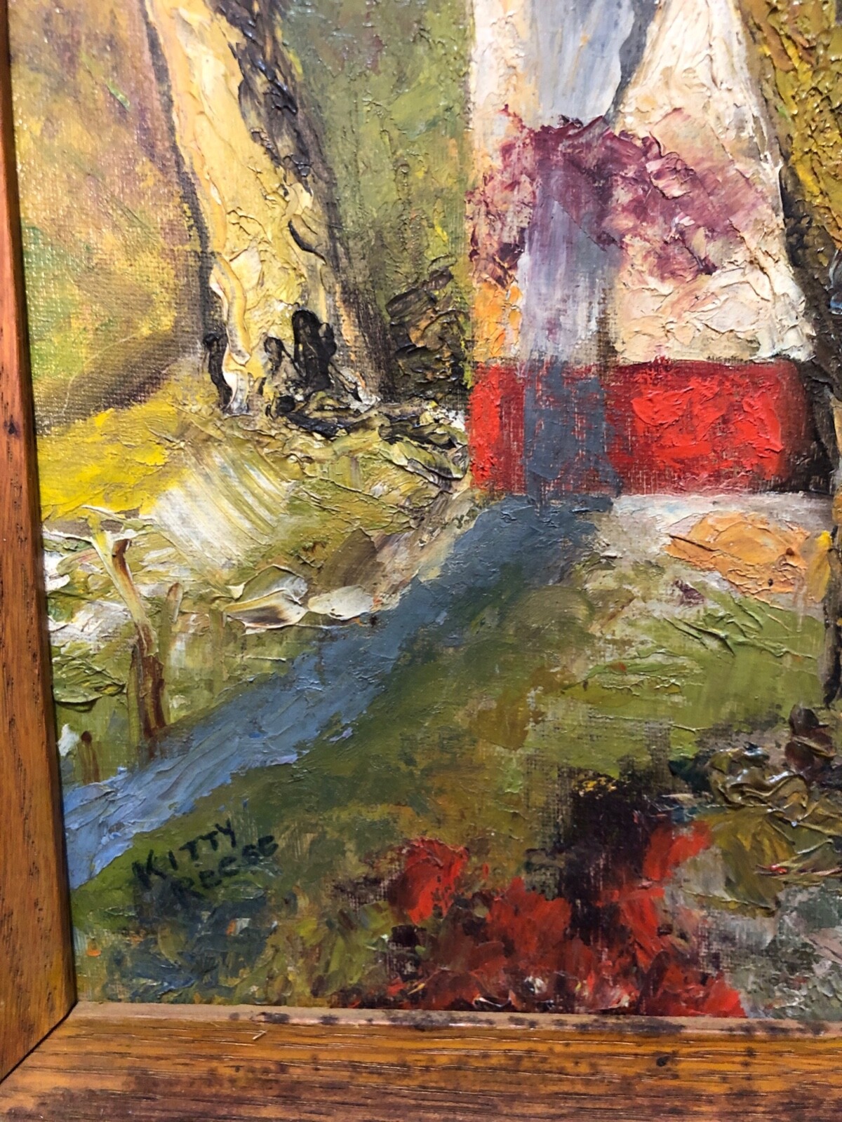 Primitive Painting Door Shadow Trees Small Moody Impressionist Signed Kitty 1961
