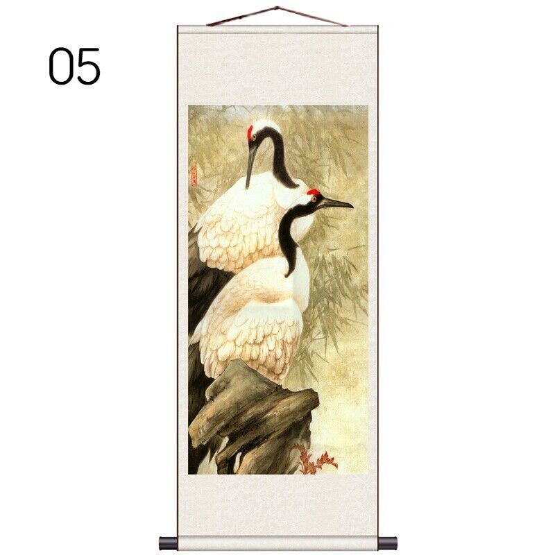 1PC Asian Silk Scroll Painting Crane Feng Shui Wall Hanging Artwork Framed