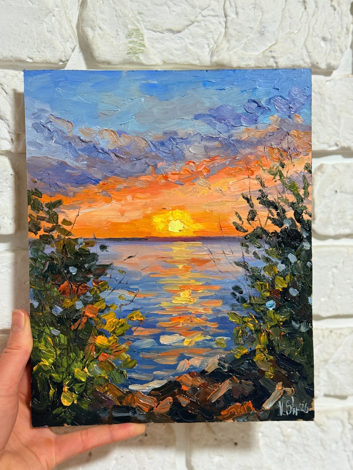 SUNSET RIVER AUTUMN LANDSCAPE ORIGINAL Impressionism Art Oil painting Signed