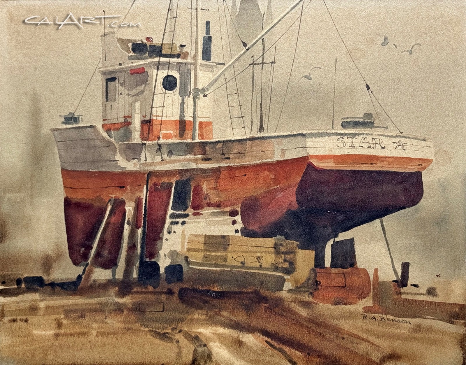 Vintage Fishing Boat on Dry Dock Watercolor Listed Regionalist Ritchie A. Benson