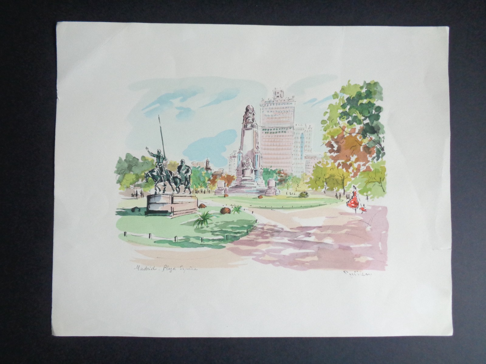 Vintage Watercolor Art Artist Rendition of Plaza de Espana Madrid Spain 13×16.5