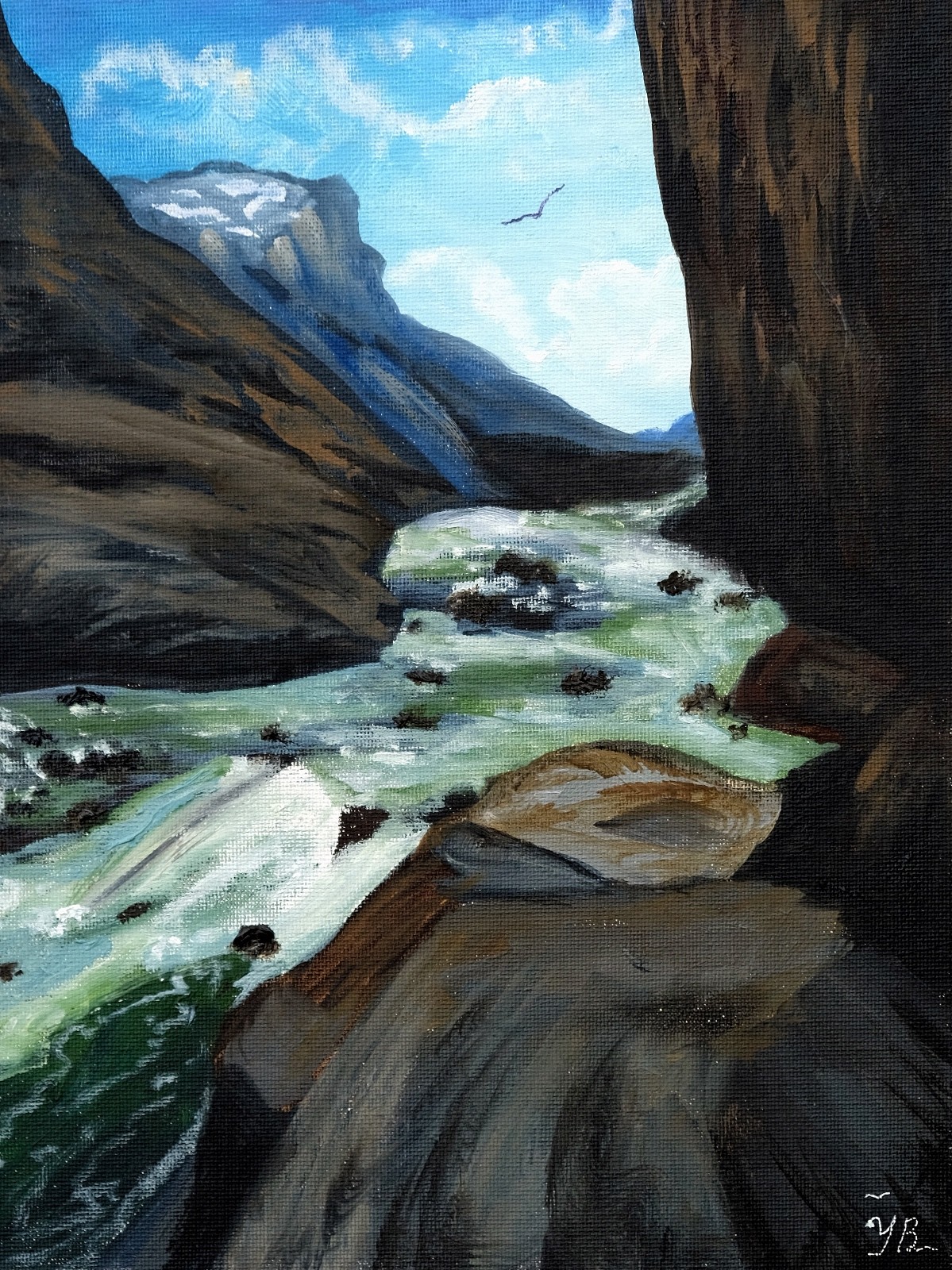 Art, Painting, «Mountain River» – giclee on canvas 9″ x 12″ by Yelena Berzon