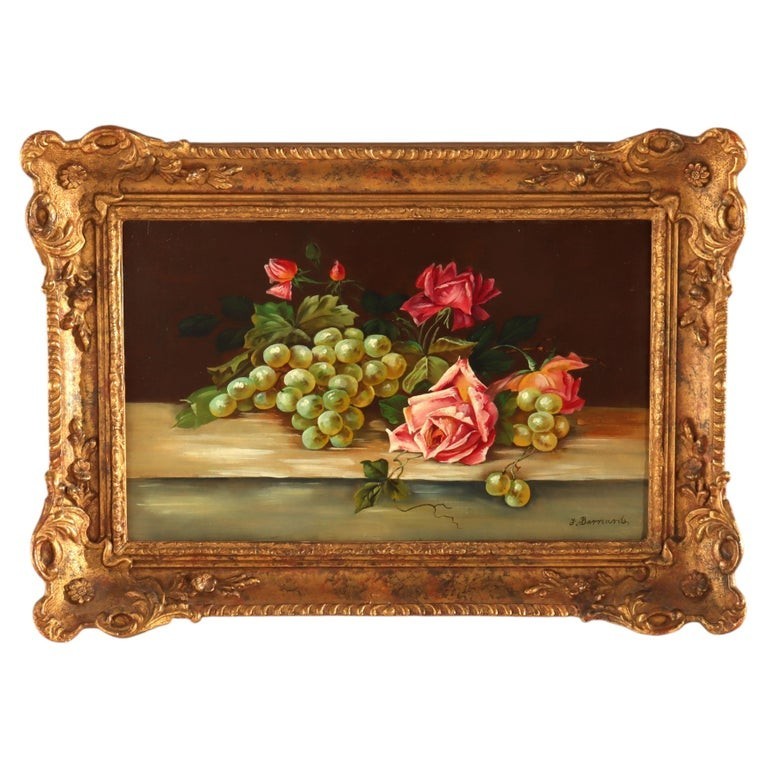 Oil On Board Floral Still Life Painting Of Roses & Grapes By J. Bernard C1920