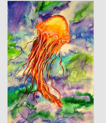 Jellyfish Watercolor Painting Wildlife Original Watercolor Art painting framed =