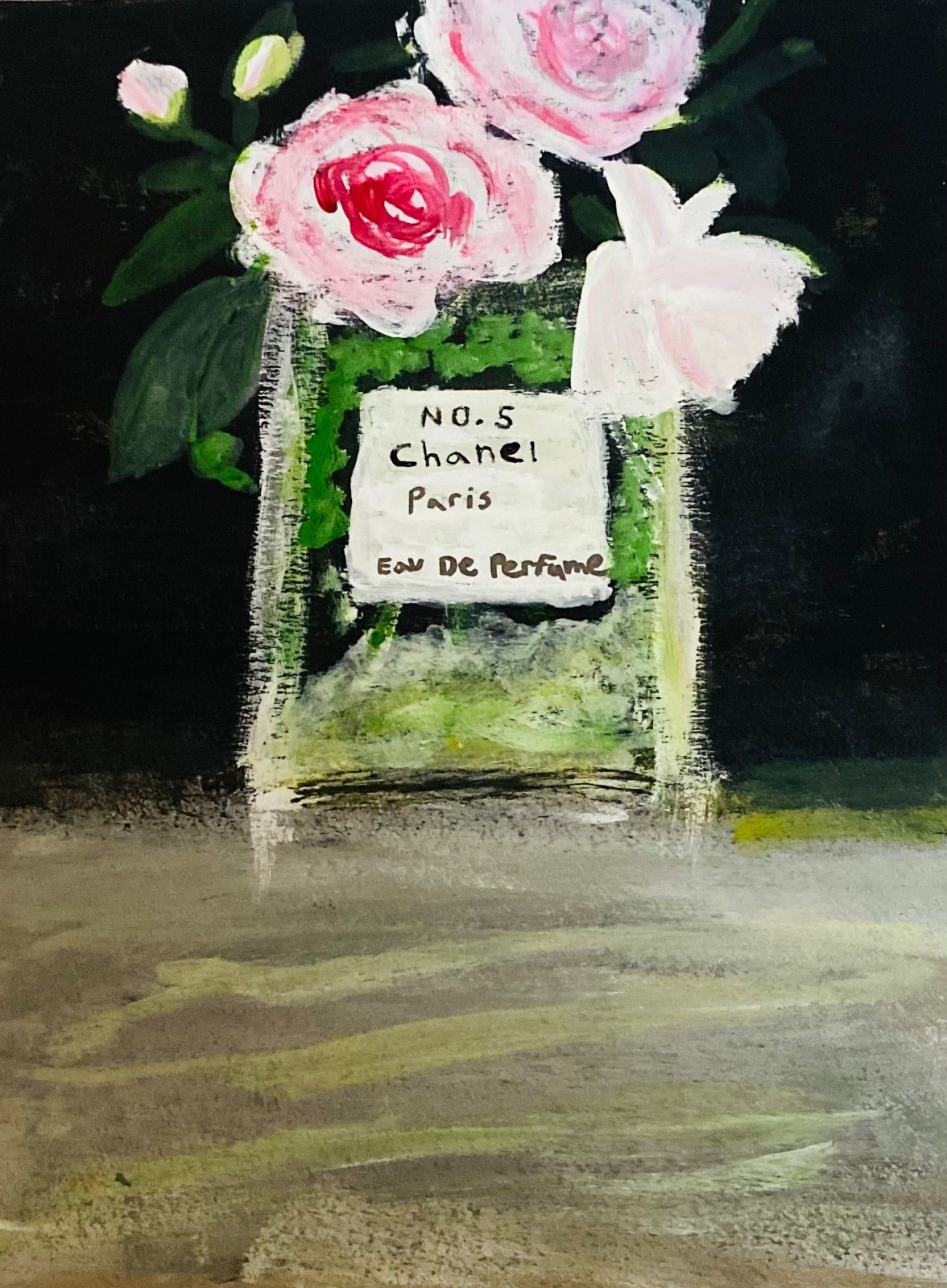 Flowers in Chanel Bottle, Hand Painted by Seller