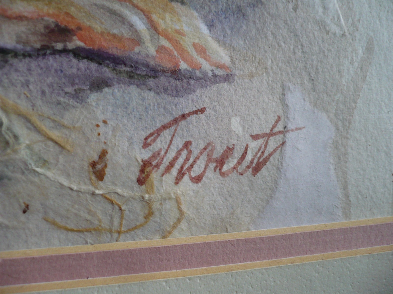 SIGNED TROUT, VINTAGE IMPRESSIONIST WATERCOLOR SHELL AND BUCKET TROPICAL BEACH