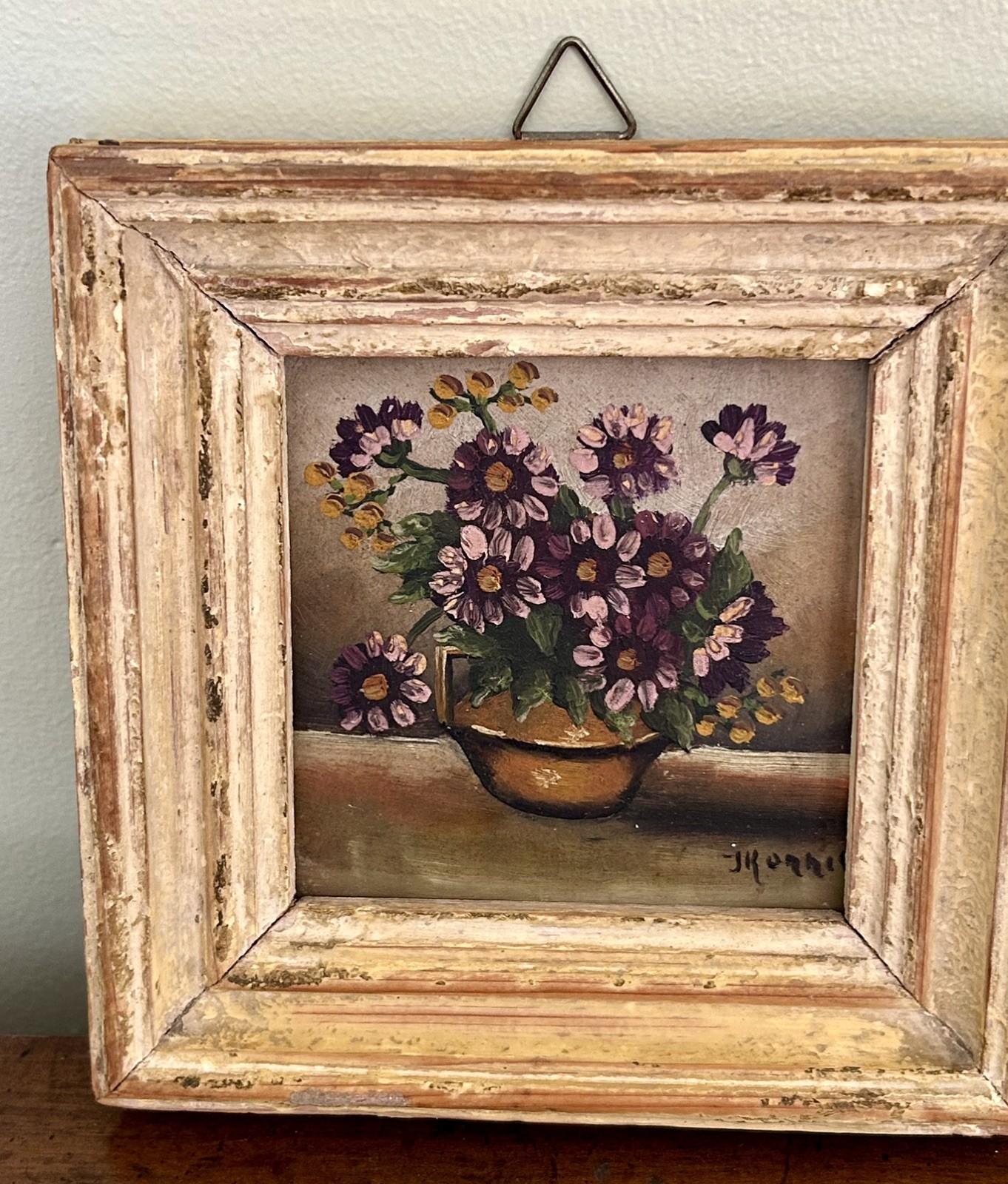 Vintage Small Original Floral Still Life Oil Painting in Hand-made Wooden Frame