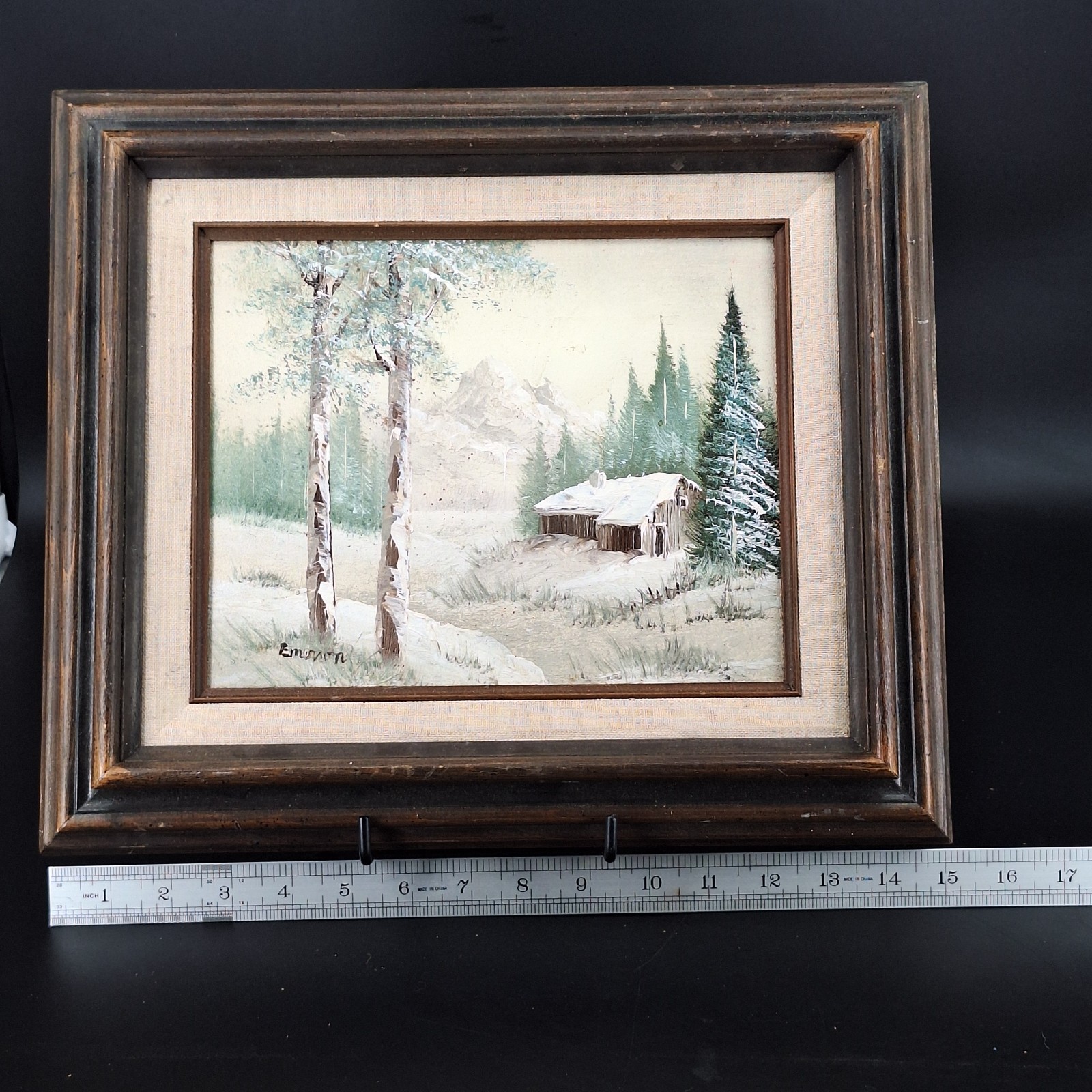 Medium Signed Painted on Canvas of Snow Covered Winter Barn or Cabin Framed