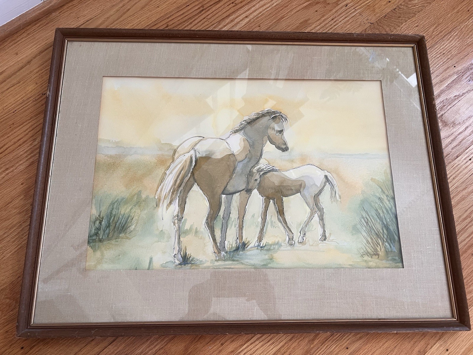 Vintage Watercolor Painting Horse And Colt 28”x22”