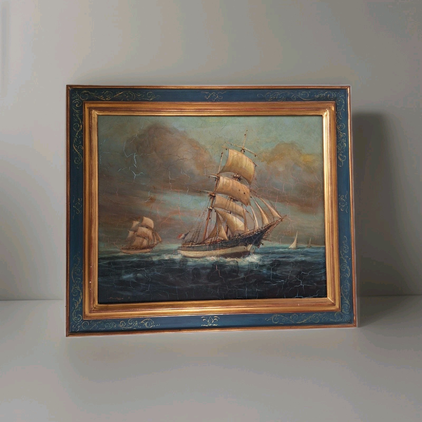 Antique Oil Painting Marine Landscape 19th Century Sailboat Boat Signed Framed