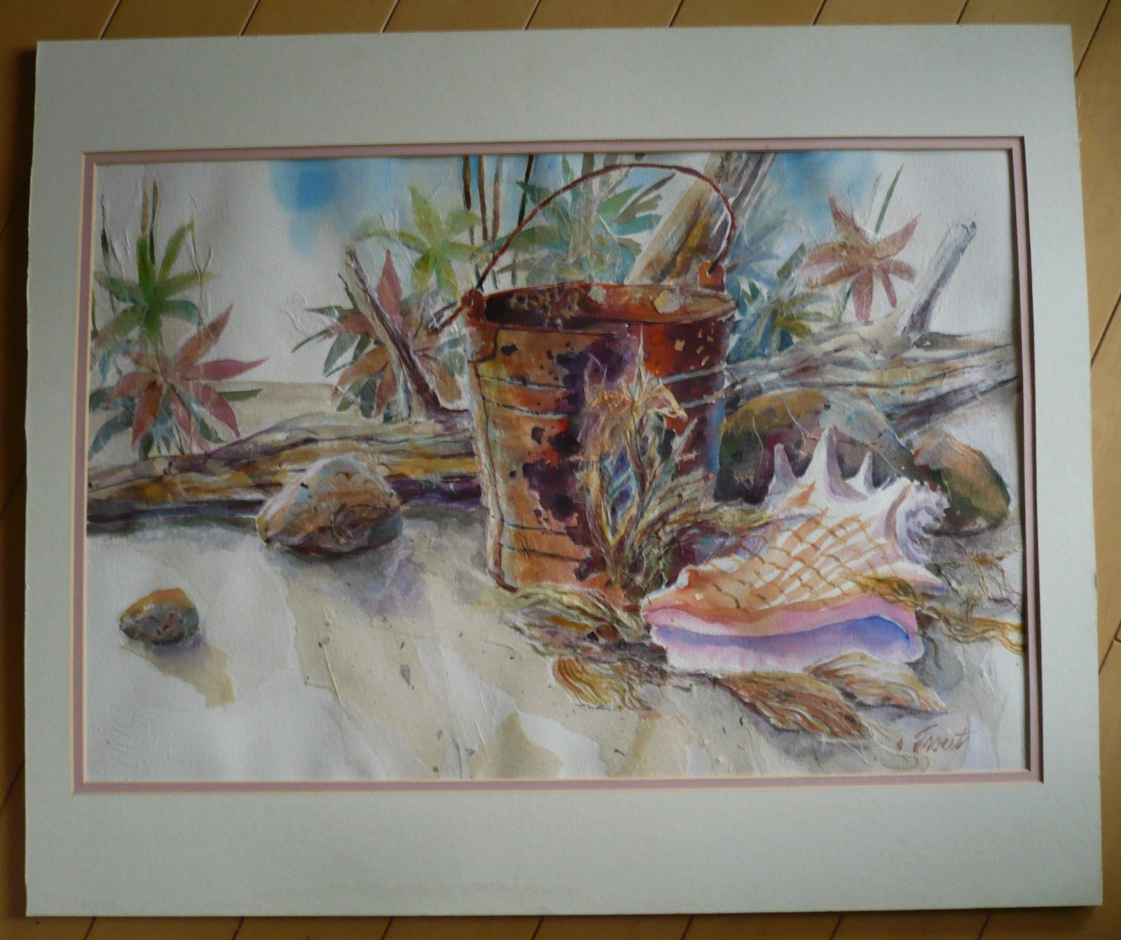 SIGNED TROUT, VINTAGE IMPRESSIONIST WATERCOLOR SHELL AND BUCKET TROPICAL BEACH