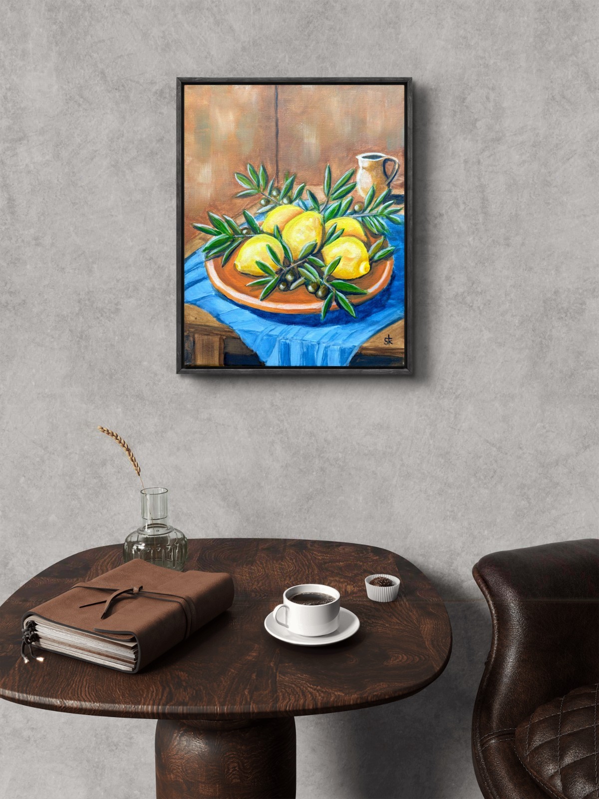 Original Contemporary 11×14 Signed Lemon Olives Acrylic Canvas Table Art