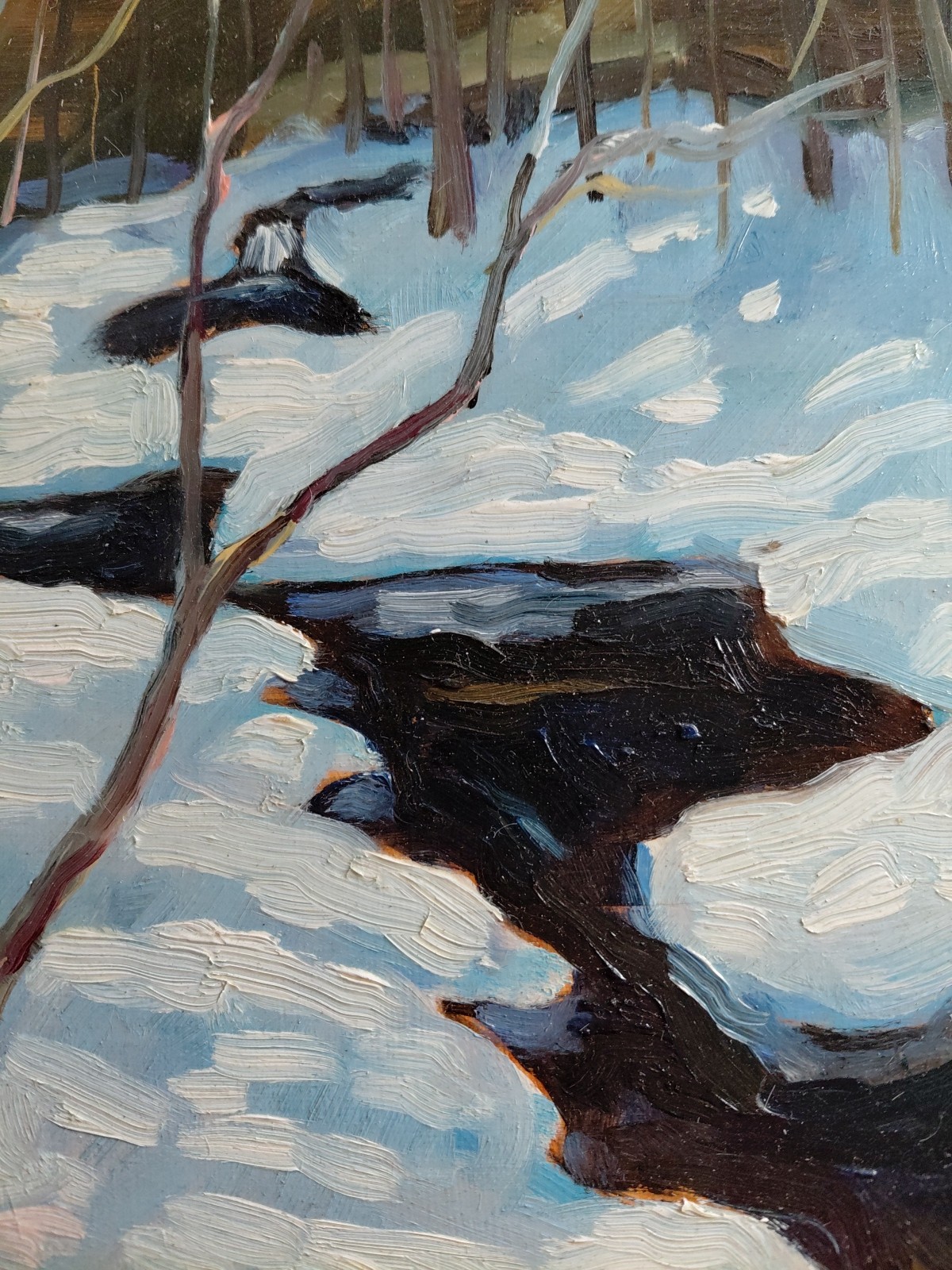 2014 Original Oil On Wood Veneer – Jalsop – Stream In Winter – 11″x13″ Framed