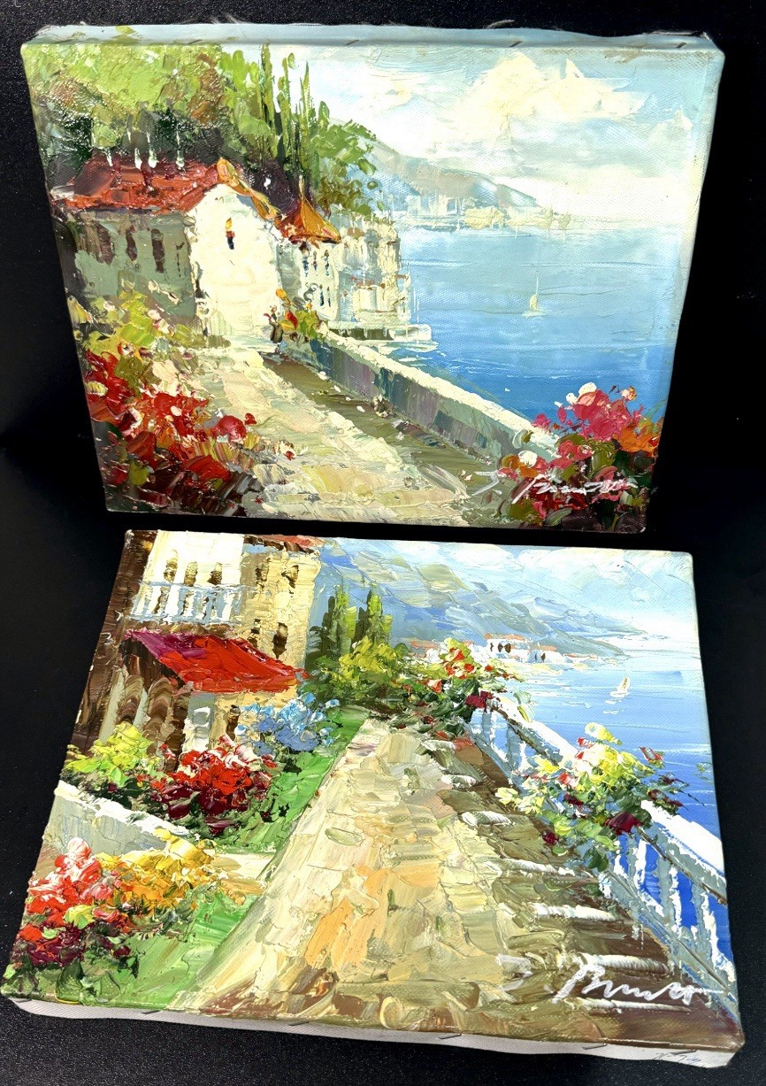 2 Beautiful Pair Signed Palette Knife Impasto Oil Painting Mediterranean Village